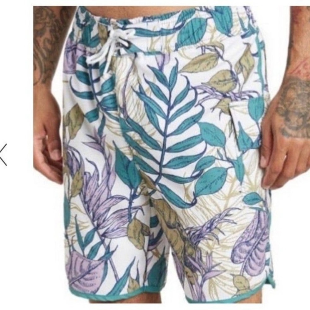 Sovereign Code NWT Sz XL Botanical/Ecru Joyride Tropical Drawstring Swim trunks